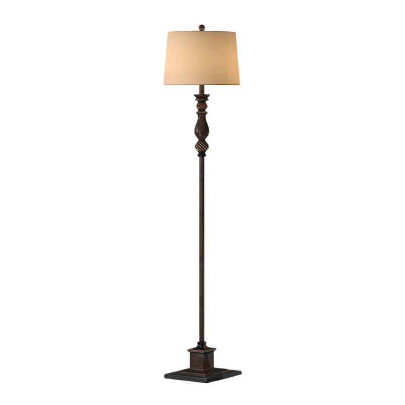 1-koppige leeslamp van hars retrostijl, bruin gesneden studeerkamer vloerlamp met stoffen kap Clearhalo