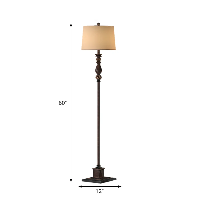 1-koppige leeslamp van hars retrostijl, bruin gesneden studeerkamer vloerlamp met stoffen kap Clearhalo