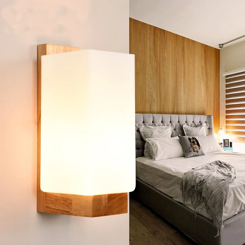 1-koppige trapwandlamp, Japanse houten schanslamp met rechthoekige melkglazen kap Clearhalo