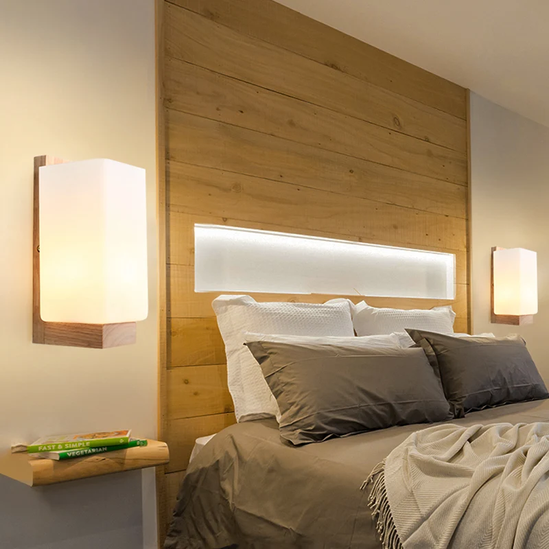 1-koppige trapwandlamp, Japanse houten schanslamp met rechthoekige melkglazen kap Clearhalo