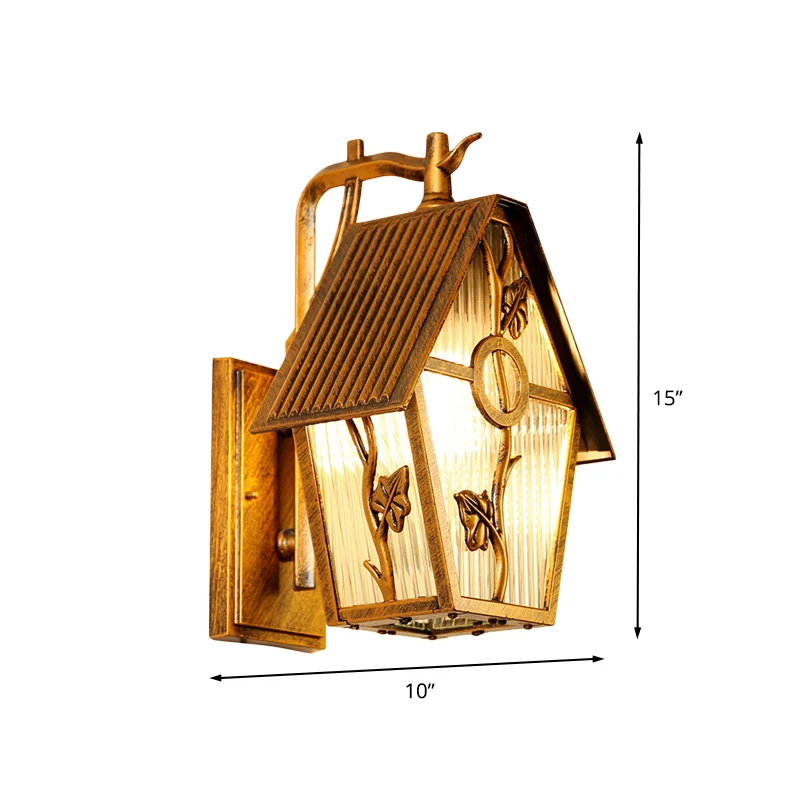 1-koppige wandkandelaar huisvorm, licht boerderij brons, helder/mat/geribbeld glas, wandgemonteerde verlichting Clearhalo