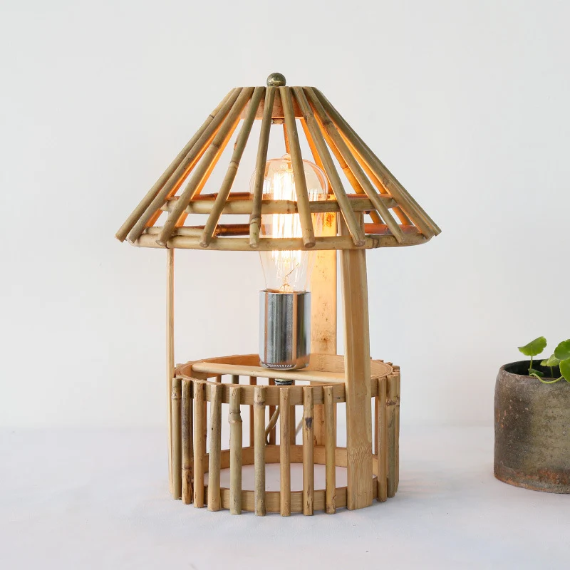 1-koppige woonkamertaakverlichting Aziatisch beige bureaulamp met handgemaakte houten kap Clearhalo