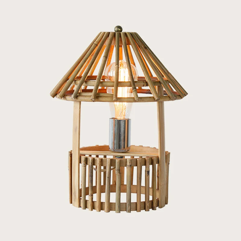 1-koppige woonkamertaakverlichting Aziatisch beige bureaulamp met handgemaakte houten kap Clearhalo