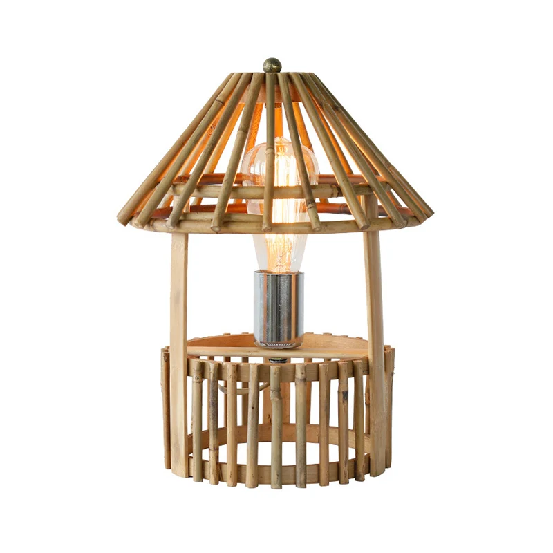 1-koppige woonkamertaakverlichting Aziatisch beige bureaulamp met handgemaakte houten kap Clearhalo