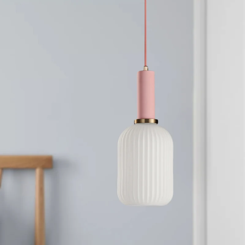 1-kops eetkamer hanglamp Macaron zwart/roze/blauw hanglamp met cilinder/ovaal/trommel witte glazen kap, 5"/8"/12" breed Cl...