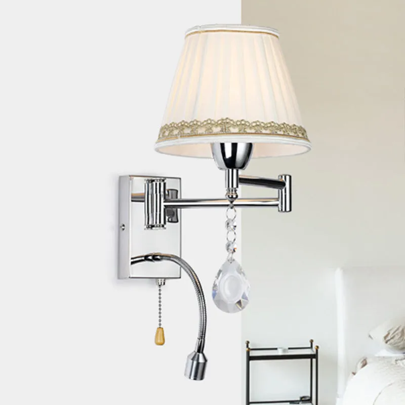1-kops leeswandlamp Moderne geplooide stof, gevlochten getrimde kegelvormige blaker met uitschuifbare chroomarm Clearhalo
