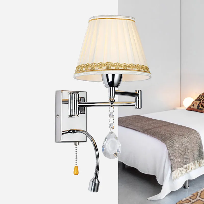 1-kops leeswandlamp Moderne geplooide stof, gevlochten getrimde kegelvormige blaker met uitschuifbare chroomarm Clearhalo