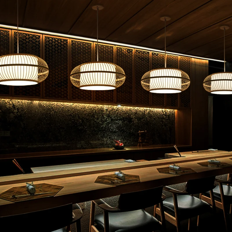 1-kops restaurantplafondlamp Azië Beige hanglamp met lantaarn bamboe kap Clearhalo
