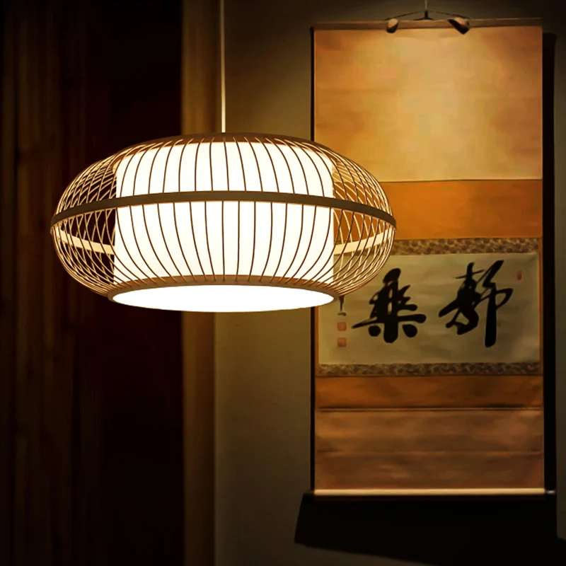 1-kops restaurantplafondlamp Azië Beige hanglamp met lantaarn bamboe kap Clearhalo