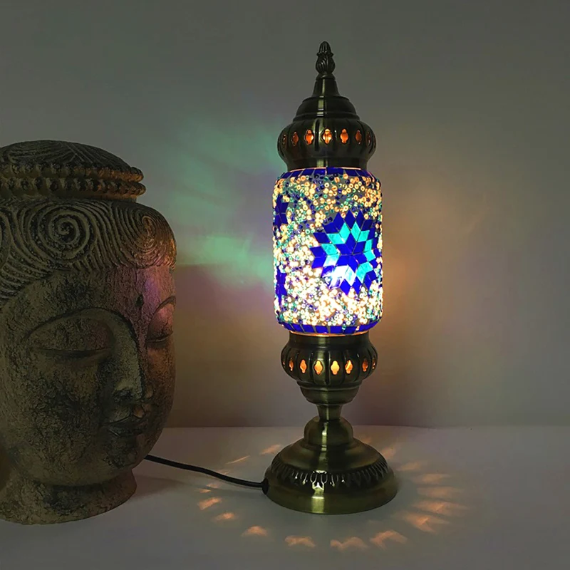 1-lamps cilinder Task Lighting Tradition rood/blauw glazen nachtkastje met messing metalen voet Clearhalo