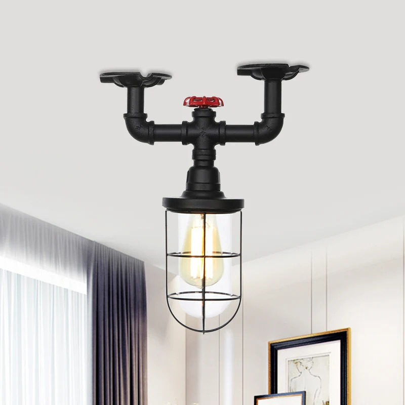 1-lamps helder glas, semi-inbouw, industriële zwarte kooi, balkonplafond, met ventiel Deco Clearhalo