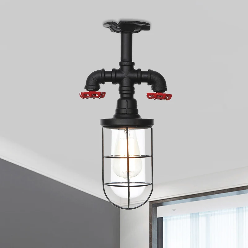 1-lamps helder glas, semi-inbouw, industriële zwarte kooi, balkonplafond, met ventiel Deco Clearhalo