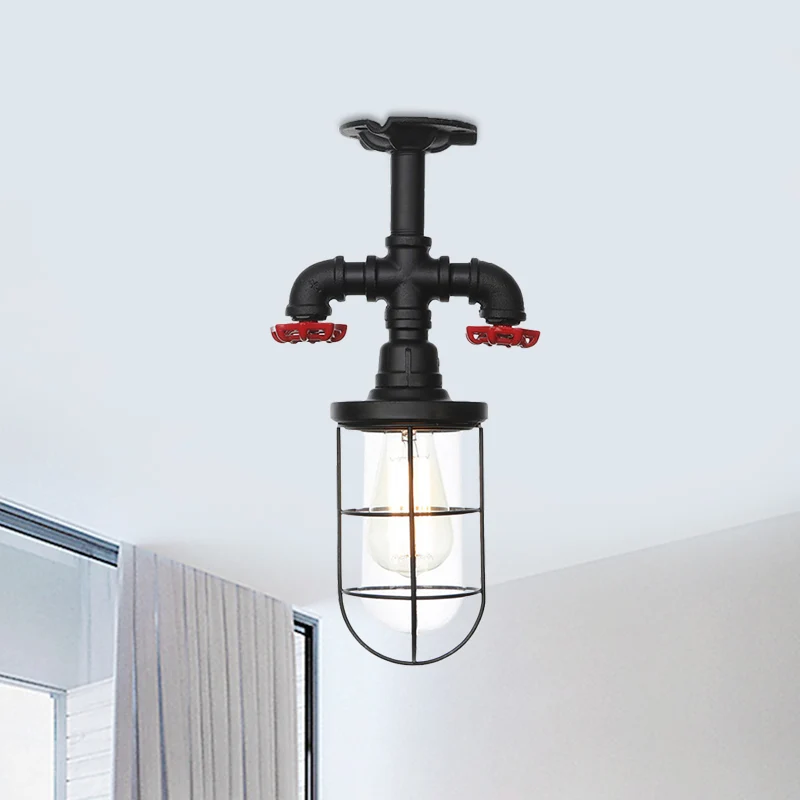 1-lamps helder glas, semi-inbouw, industriële zwarte kooi, balkonplafond, met ventiel Deco Clearhalo