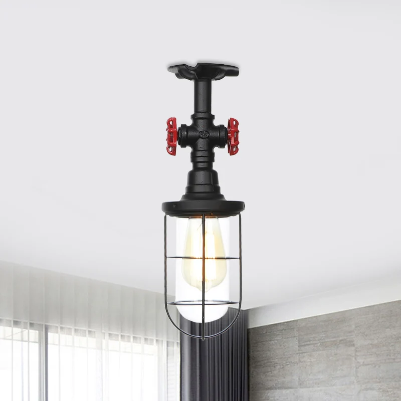 1-lamps helder glas, semi-inbouw, industriële zwarte kooi, balkonplafond, met ventiel Deco Clearhalo