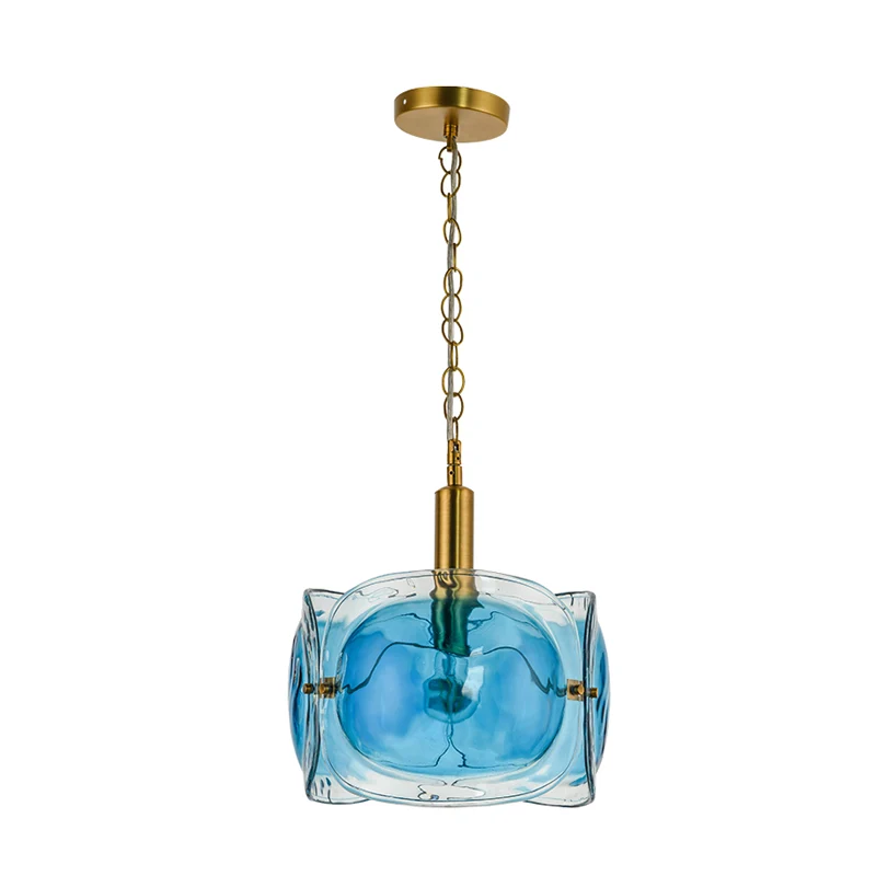 1-lamps restaurant plafondverlichting modernistische koperen hanglampenset met blauwe waterglazen kap met 3 panelen Clearhalo