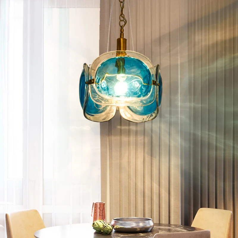 1-lamps restaurant plafondverlichting modernistische koperen hanglampenset met blauwe waterglazen kap met 3 panelen Clearhalo