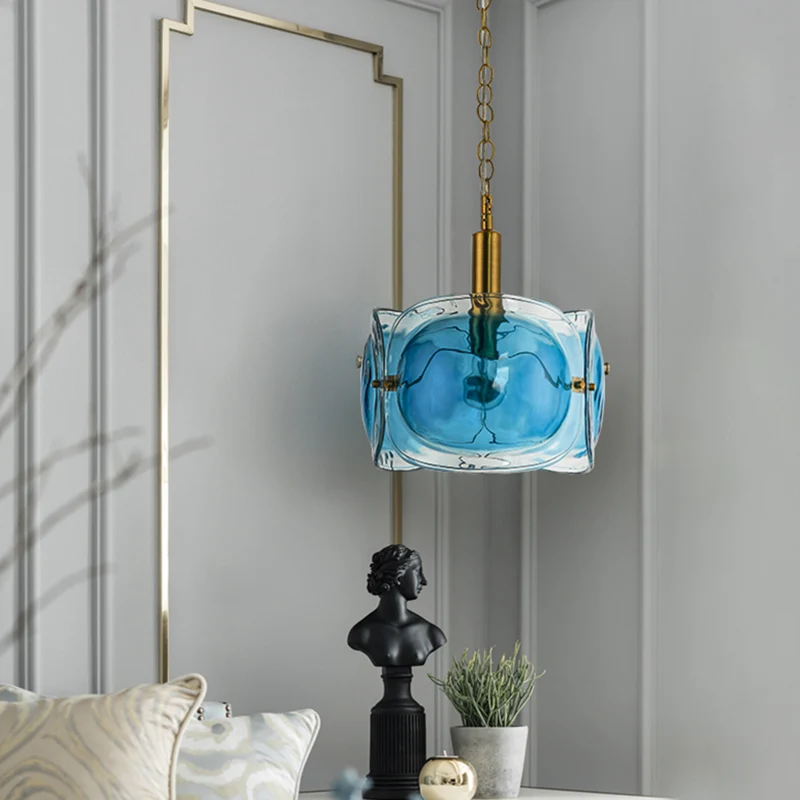 1-lamps restaurant plafondverlichting modernistische koperen hanglampenset met blauwe waterglazen kap met 3 panelen Clearhalo