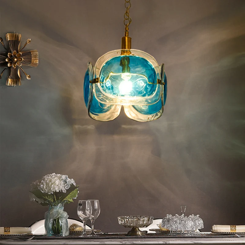 1-lamps restaurant plafondverlichting modernistische koperen hanglampenset met blauwe waterglazen kap met 3 panelen Clearhalo