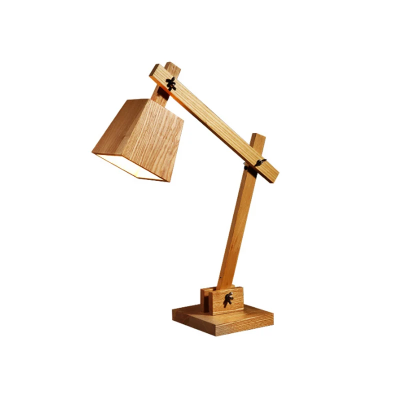1-lamps slaapkamer tafellamp moderne bruine kleine bureaulamp met trapeziumvormige houten kap Clearhalo