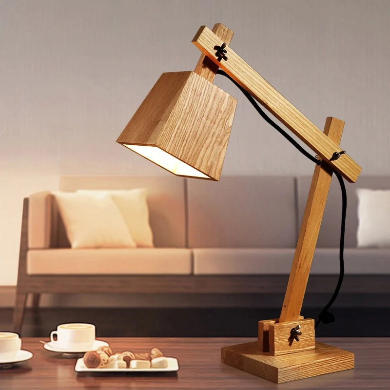 1-lamps slaapkamer tafellamp moderne bruine kleine bureaulamp met trapeziumvormige houten kap Clearhalo