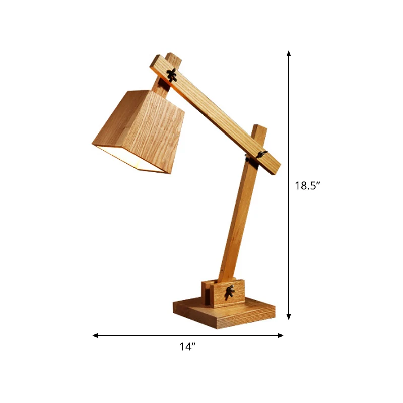 1-lamps slaapkamer tafellamp moderne bruine kleine bureaulamp met trapeziumvormige houten kap Clearhalo