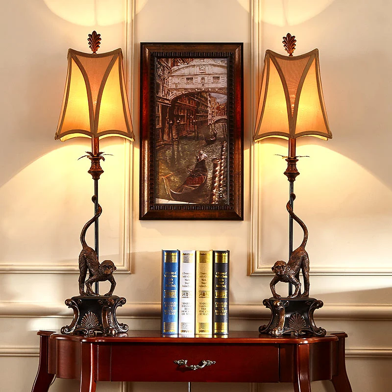 1-lichte slaapkamer tafellamp landelijke bronzen bureaulamp met trapeziumvormige stoffen kap Clearhalo