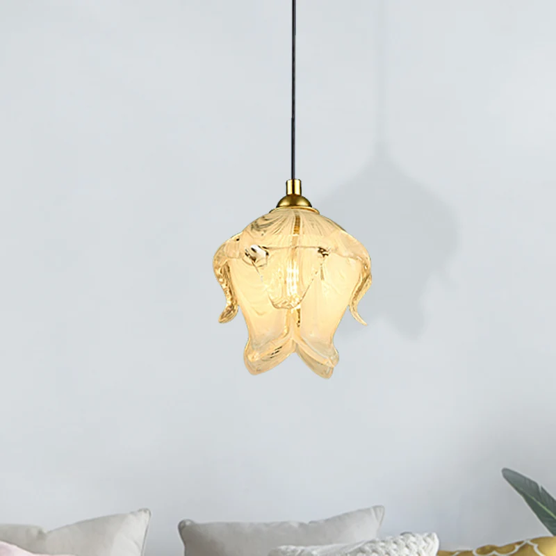 1-lichte slaapkamerlamp, traditionele stijl, messing hanglamp met bloemenheldere kristallen kap Clearhalo