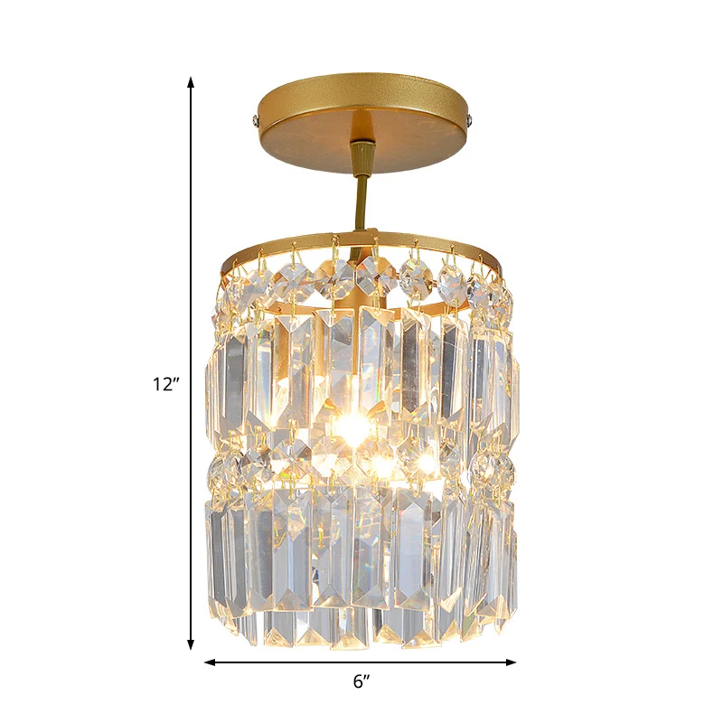 1-lichts hal semi-inbouwlamp met cilinderkristallen kap, hedendaagse koperen plafondlamp Clearhalo
