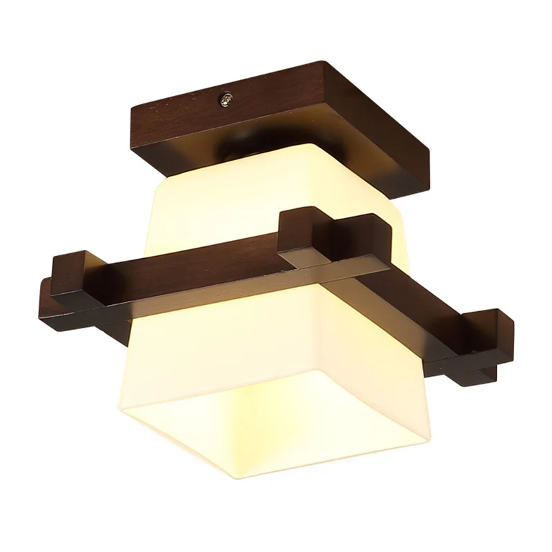 1-lichts houten plafondlamp Moderne eenvoud Semi-inbouwlamp met vierkante glazen kap Clearhalo