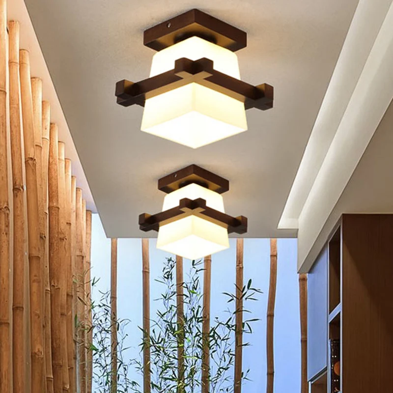 1-lichts houten plafondlamp Moderne eenvoud Semi-inbouwlamp met vierkante glazen kap Clearhalo