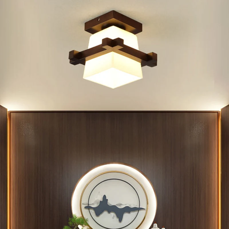 1-lichts houten plafondlamp Moderne eenvoud Semi-inbouwlamp met vierkante glazen kap Clearhalo