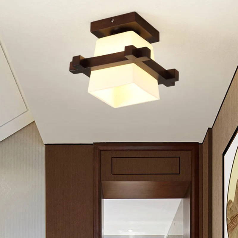 1-lichts houten plafondlamp Moderne eenvoud Semi-inbouwlamp met vierkante glazen kap Clearhalo