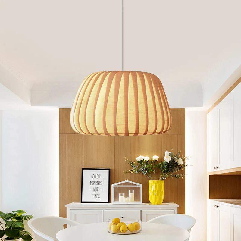 1-lichts kantoor-slingerlamp moderne beige hanglamp met pompoenhouten kap Clearhalo