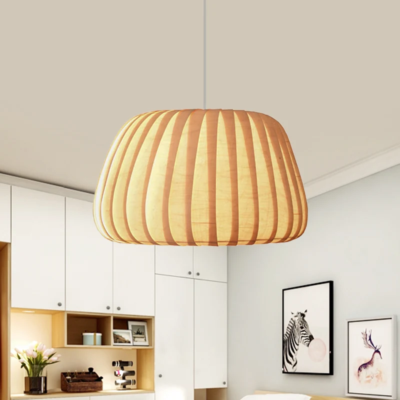 1-lichts kantoor-slingerlamp moderne beige hanglamp met pompoenhouten kap Clearhalo
