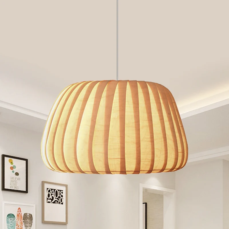 1-lichts kantoor-slingerlamp moderne beige hanglamp met pompoenhouten kap Clearhalo