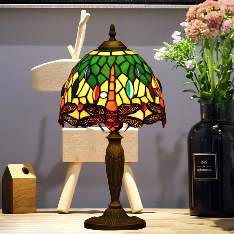 1-lichts kom-nachtlamp Mediterraan oranje/blauw/groen geslepen glas Libelle-patroon bureauverlichting voor koffiebar Clear...