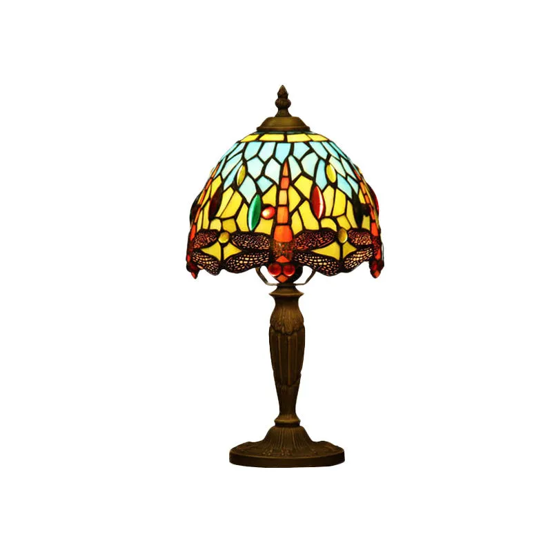 1-lichts kom-nachtlamp Mediterraan oranje/blauw/groen geslepen glas Libelle-patroon bureauverlichting voor koffiebar Clear...