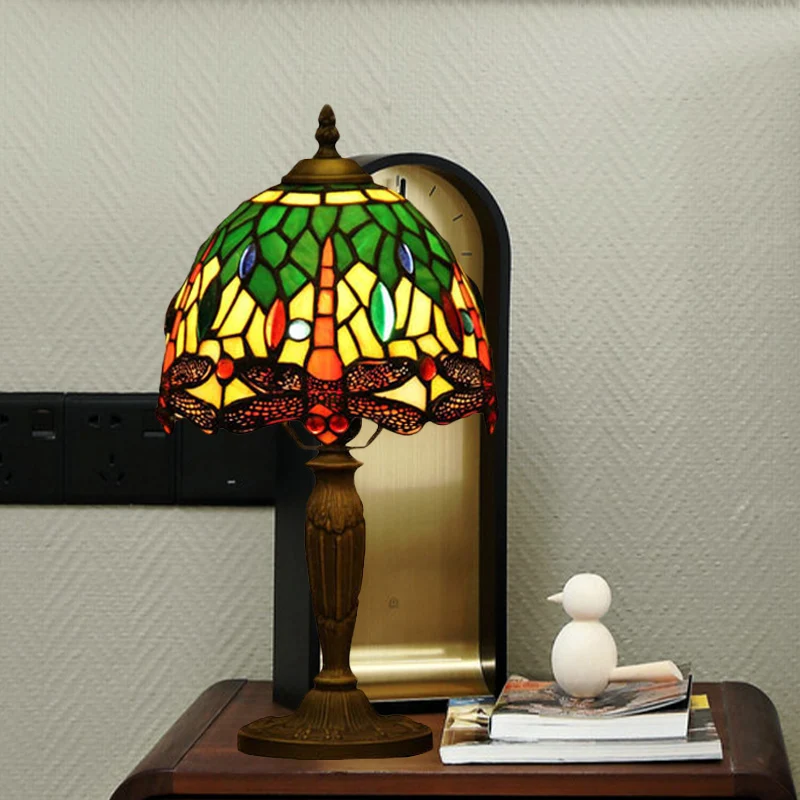 1-lichts kom-nachtlamp Mediterraan oranje/blauw/groen geslepen glas Libelle-patroon bureauverlichting voor koffiebar Clear...