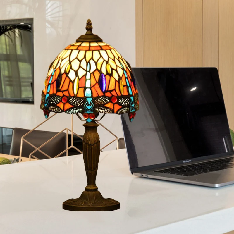 1-lichts kom-nachtlamp Mediterraan oranje/blauw/groen geslepen glas Libelle-patroon bureauverlichting voor koffiebar Clear...