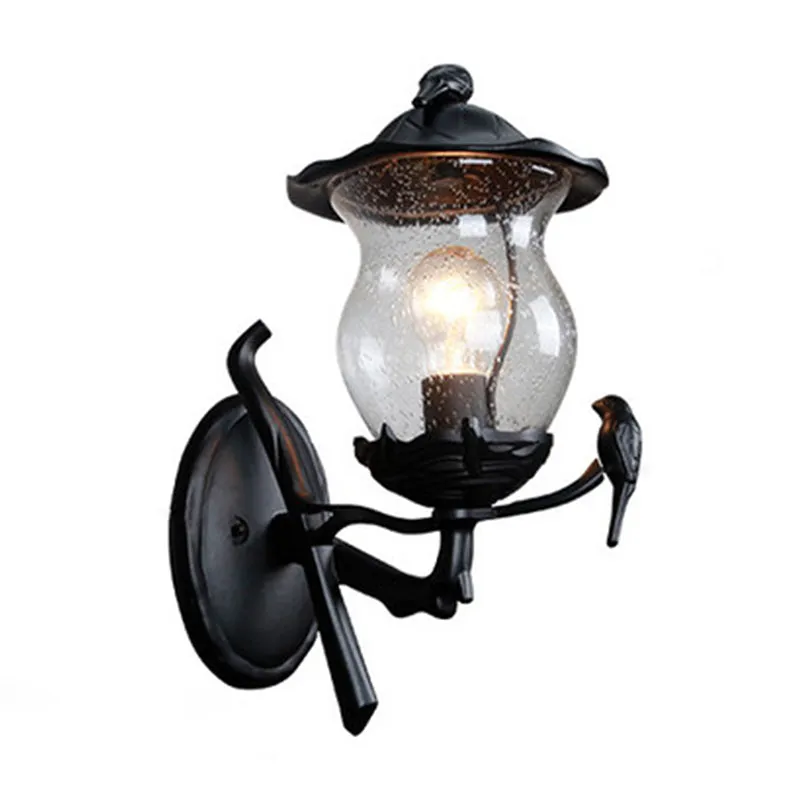1-lichts louche glazen lantaarn schans rustieke zwarte kalebasvormige tuinwandlamp met vogeldeco Clearhalo