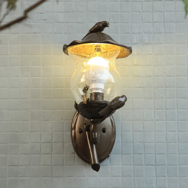 1-lichts louche glazen lantaarn schans rustieke zwarte kalebasvormige tuinwandlamp met vogeldeco Clearhalo