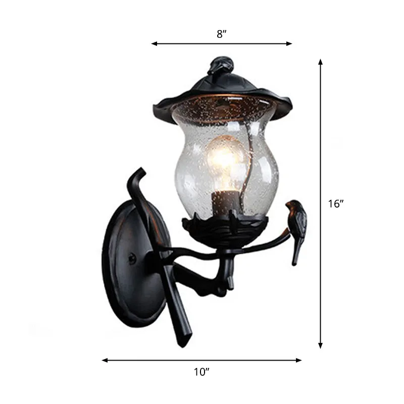 1-lichts louche glazen lantaarn schans rustieke zwarte kalebasvormige tuinwandlamp met vogeldeco Clearhalo