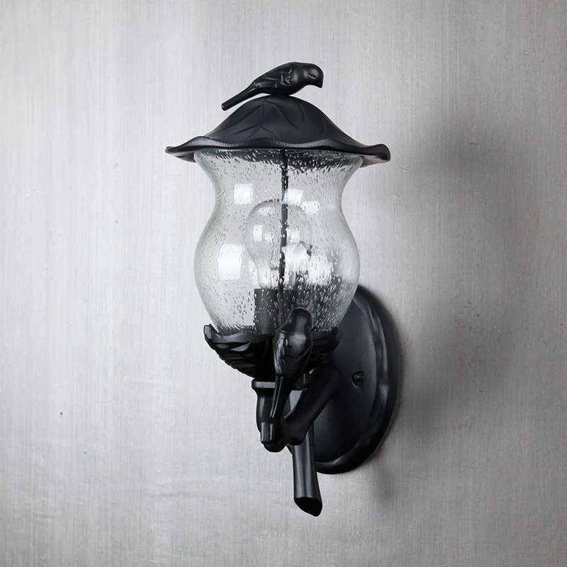 1-lichts louche glazen lantaarn schans rustieke zwarte kalebasvormige tuinwandlamp met vogeldeco Clearhalo