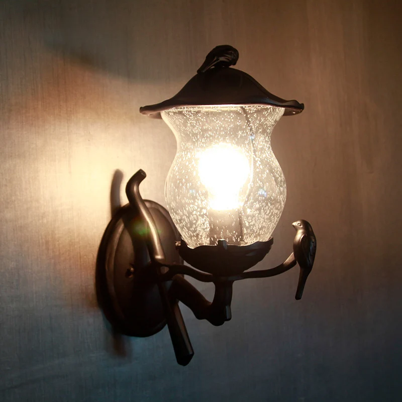 1-lichts louche glazen lantaarn schans rustieke zwarte kalebasvormige tuinwandlamp met vogeldeco Clearhalo