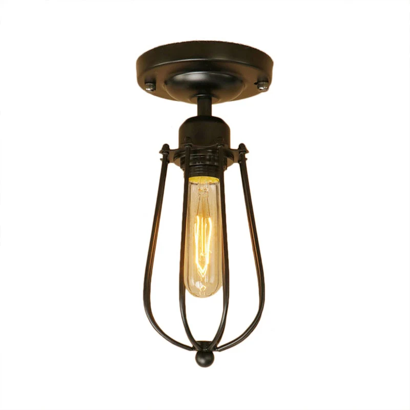 1-lichts mini-kooi semi-inbouwlamp met lampvormige industriële loft, zwart metallic dicht bij plafondlamp Clearhalo