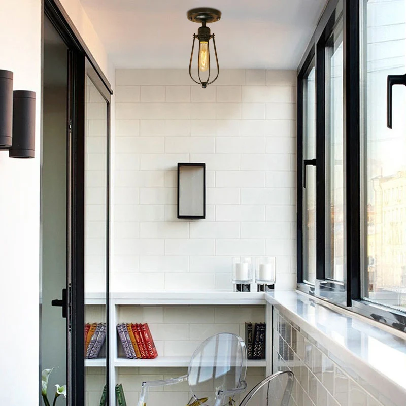 1-lichts mini-kooi semi-inbouwlamp met lampvormige industriële loft, zwart metallic dicht bij plafondlamp Clearhalo