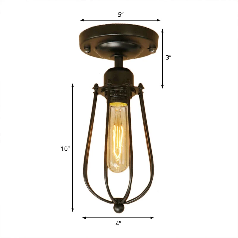 1-lichts mini-kooi semi-inbouwlamp met lampvormige industriële loft, zwart metallic dicht bij plafondlamp Clearhalo