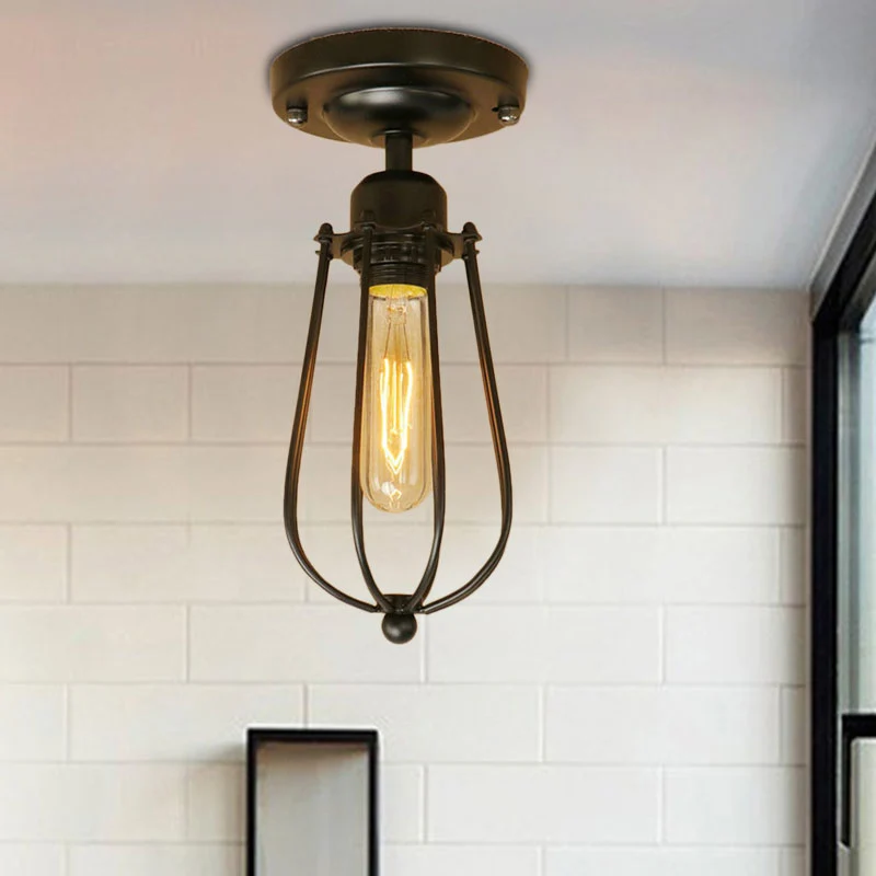 1-lichts mini-kooi semi-inbouwlamp met lampvormige industriële loft, zwart metallic dicht bij plafondlamp Clearhalo