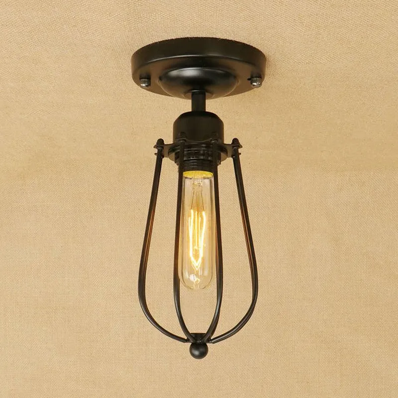 1-lichts mini-kooi semi-inbouwlamp met lampvormige industriële loft, zwart metallic dicht bij plafondlamp Clearhalo