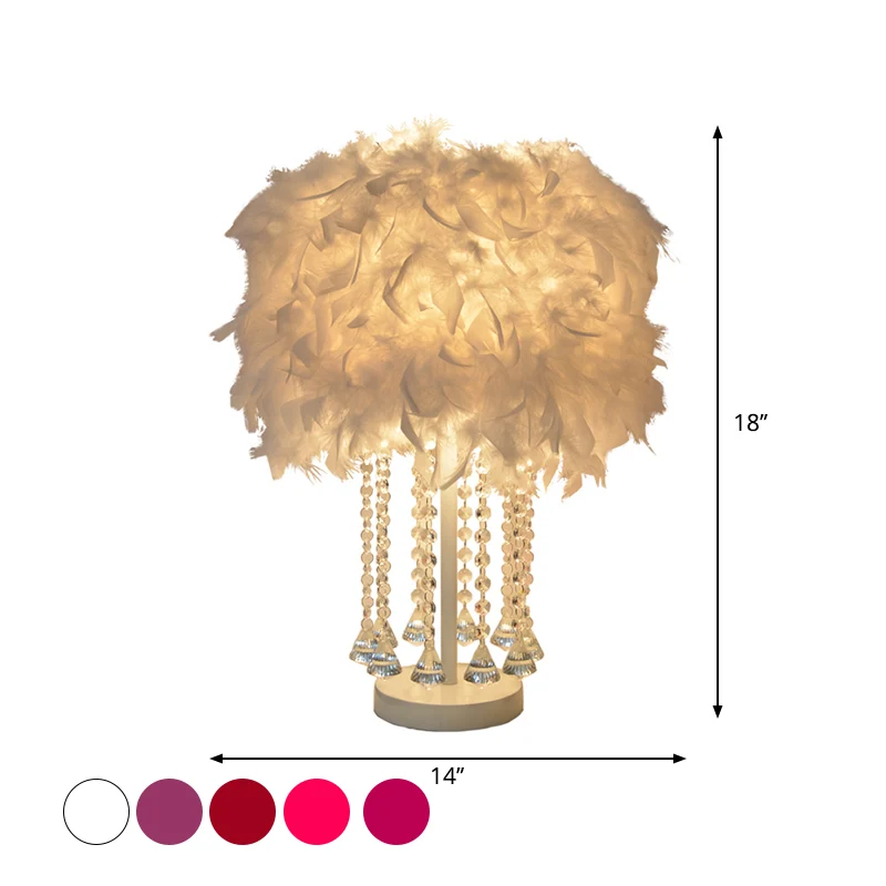 1-lichts nachtlampje voor meisjeskamer, modern roze/paars/wit tafellampje met cilindrische verenkap Clearhalo